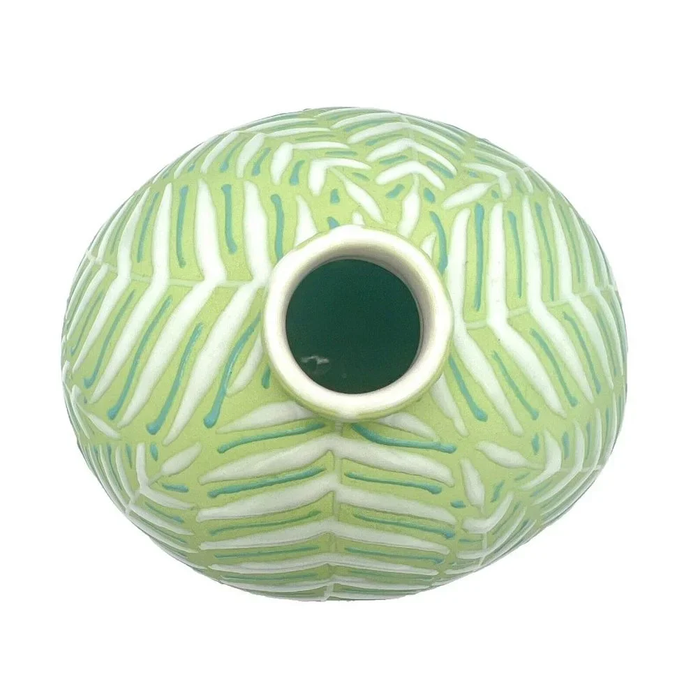 Crate and Barrel Leaf Vase Green and White with Enamel Fern Leaves Botanical - Picture 6 of 8